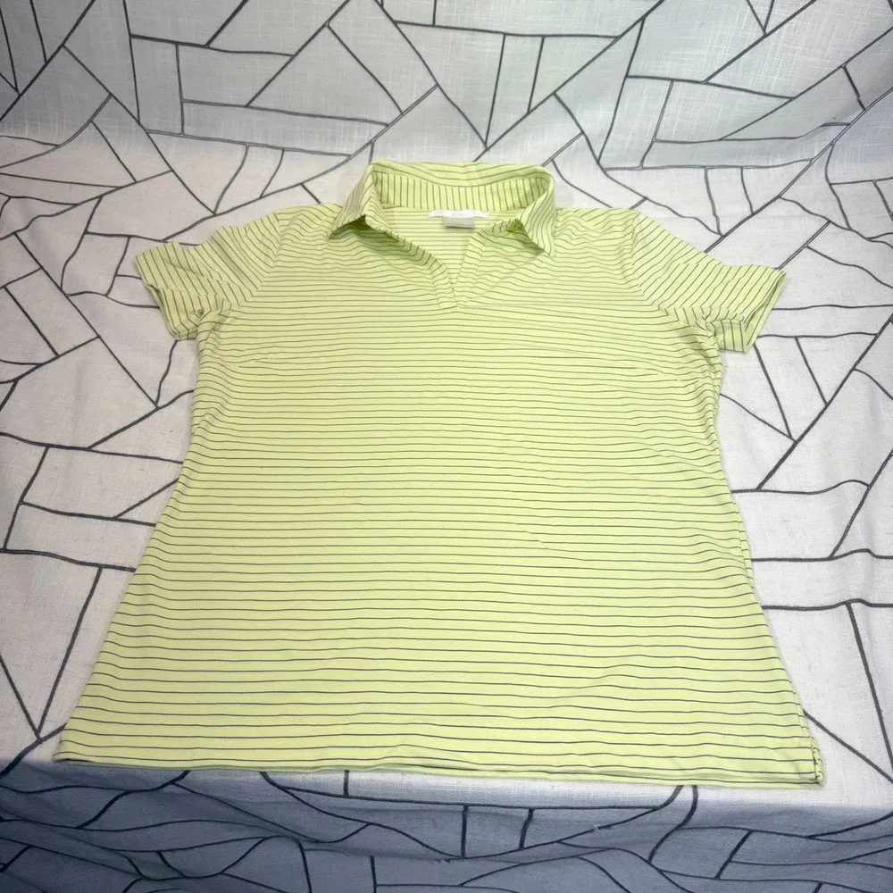 Nike Golf Polo Shirt Medium Lime Green Striped NikeFIT DRY Short Sleeve V-Neck